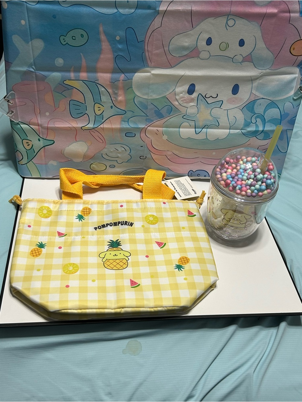 Sanrio Pompompurin Yellow Pineapple Picnic Tote Bag with Pastel Bead Cup
